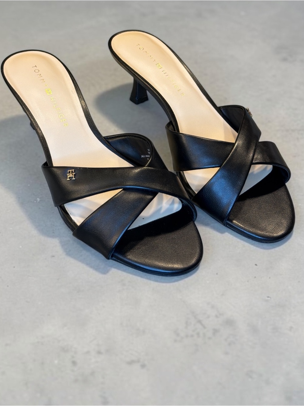 Tommy Hilfiger Black Crisscross Leather Mid-Heel Mules